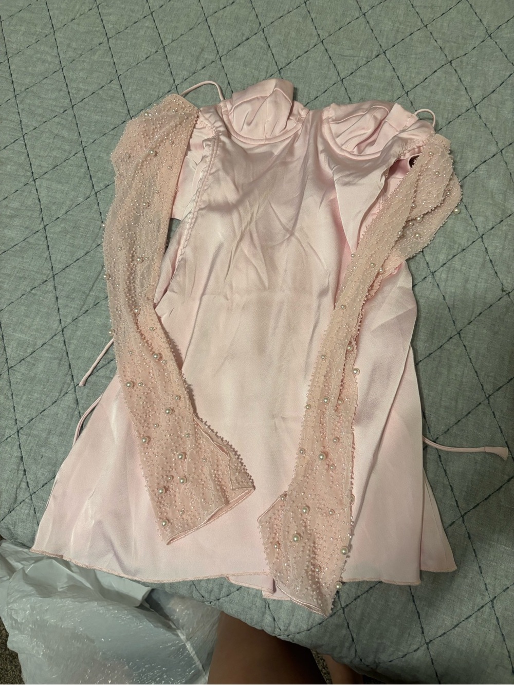 Oh Polly Pearl-Embellished Pink Satin Bustier Dress with Sheer Beaded Sleeves